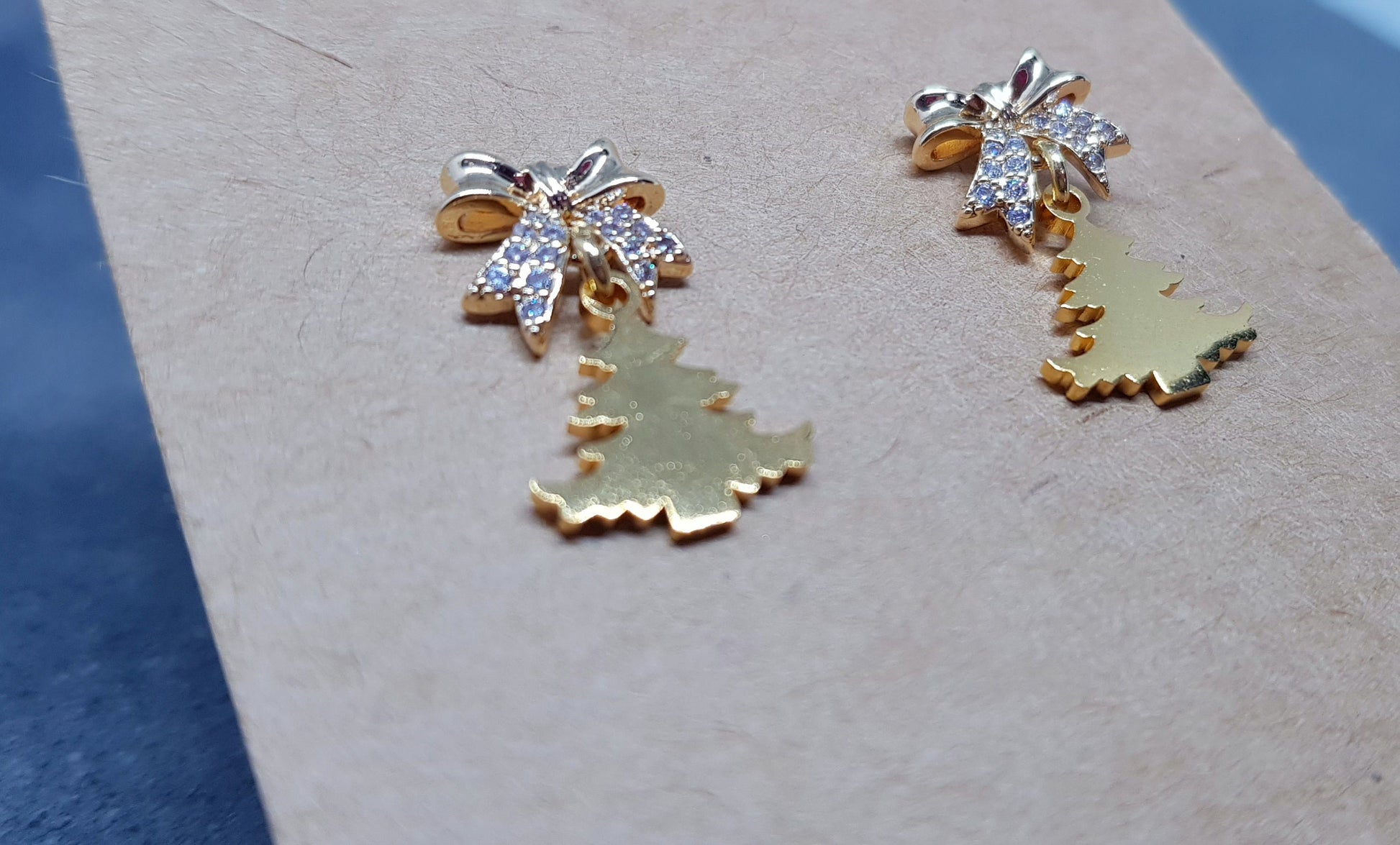 Christmas Tree Earrings, Brass Bow Micro Pave Studs, Christmas Earrings, Festive Earrings, Gold Christmas Tree
