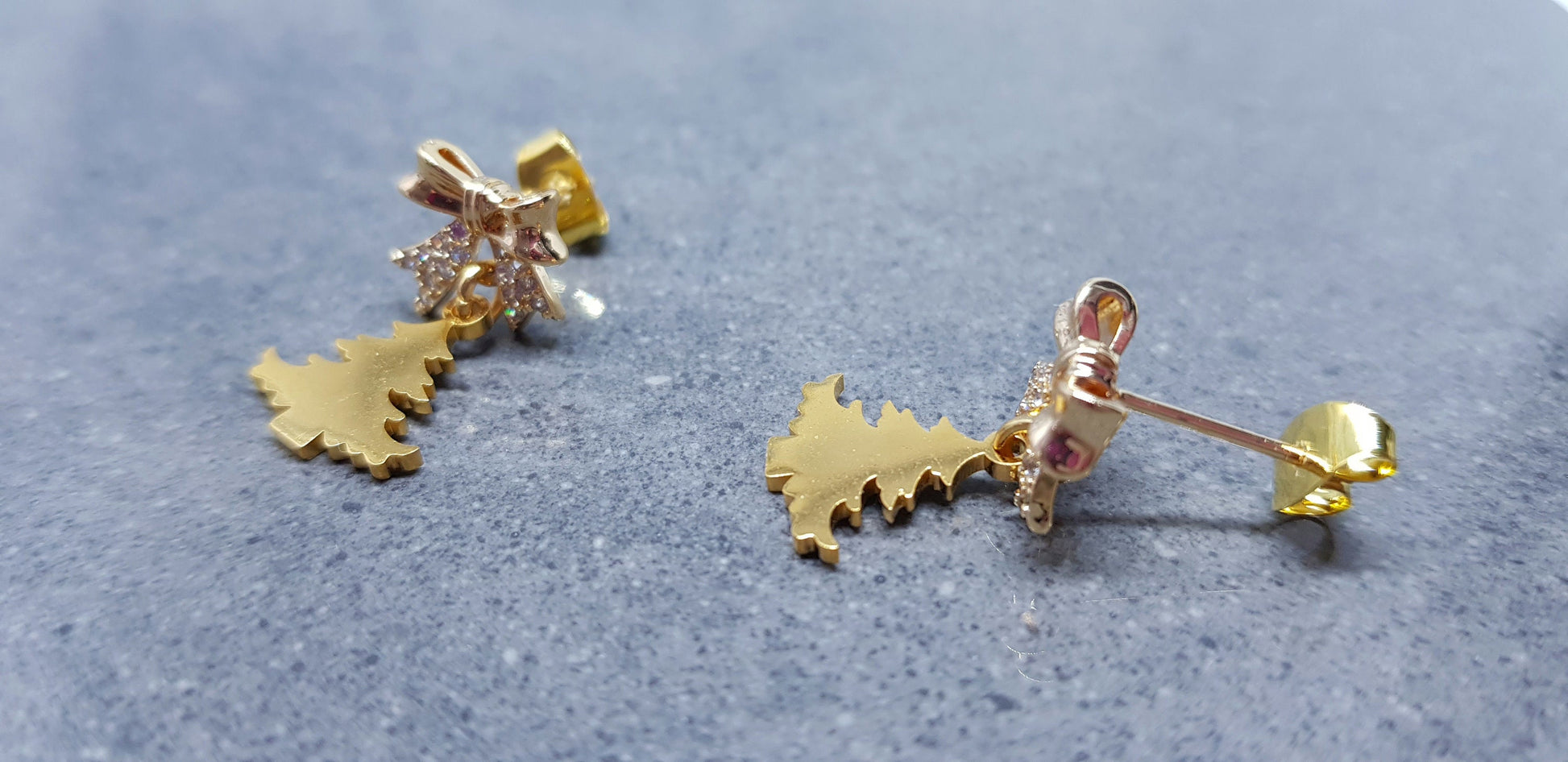 Christmas Tree Earrings, Brass Bow Micro Pave Studs, Christmas Earrings, Festive Earrings, Gold Christmas Tree