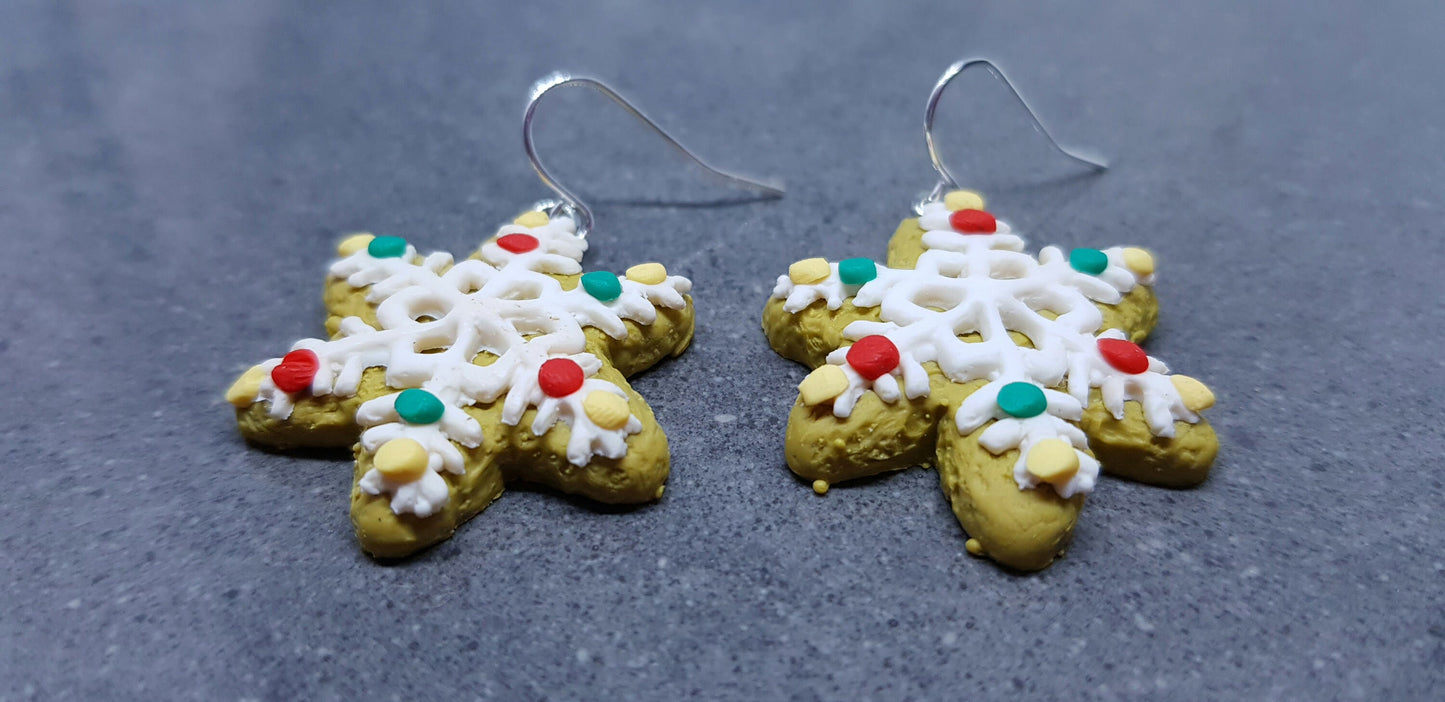 Gingerbread Snowflake Earrings, Hypoallergenic Ear Wires, Cookie Earrings, Christmas Earrings, Festive Earrings, Biscuit Jewellery