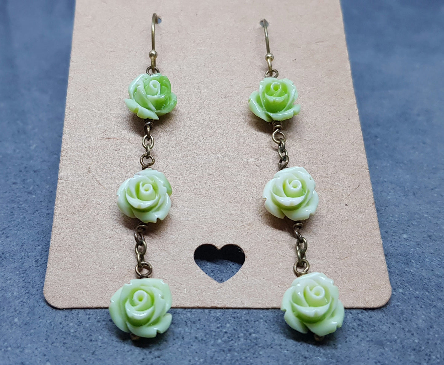 Rose Dangle Earrings, Hypoallergenic Ear Wires, Green Earrings, Rose Earrings, Vintage Style Earrings