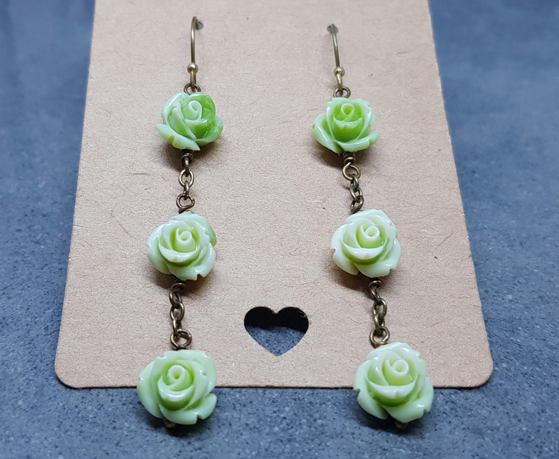 Rose Dangle Earrings, Hypoallergenic Ear Wires, Green Earrings, Rose Earrings, Vintage Style Earrings
