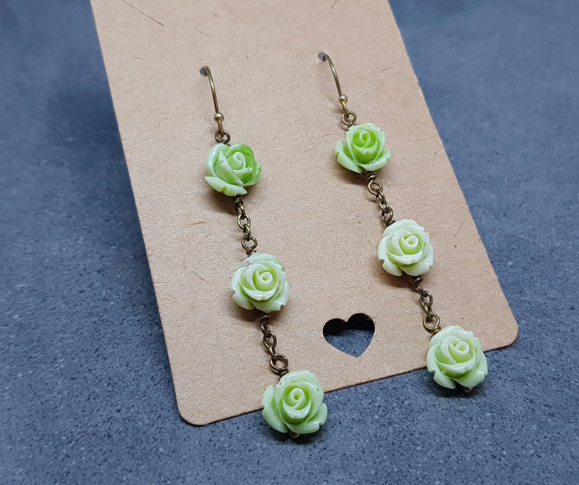 Rose Dangle Earrings, Hypoallergenic Ear Wires, Green Earrings, Rose Earrings, Vintage Style Earrings