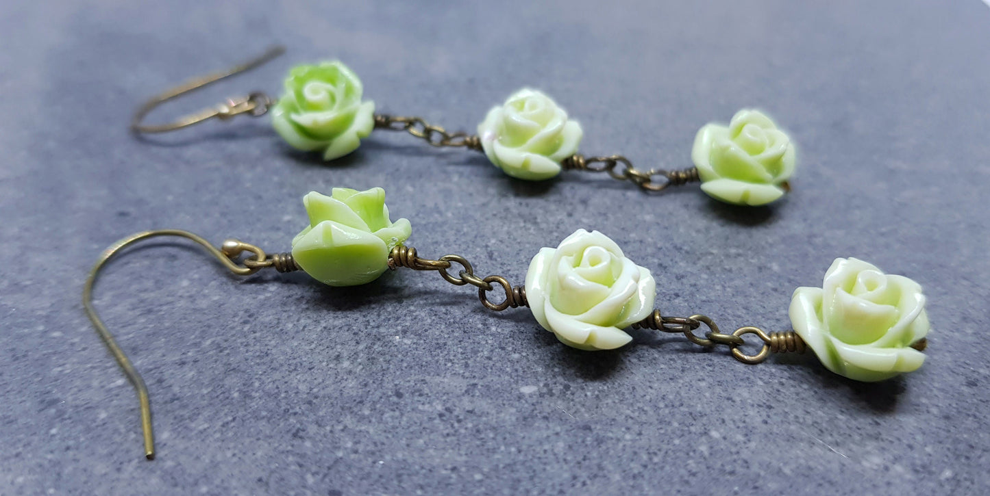 Rose Dangle Earrings, Hypoallergenic Ear Wires, Green Earrings, Rose Earrings, Vintage Style Earrings