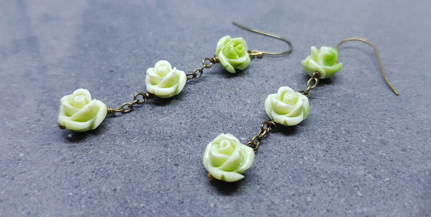 Rose Dangle Earrings, Hypoallergenic Ear Wires, Green Earrings, Rose Earrings, Vintage Style Earrings