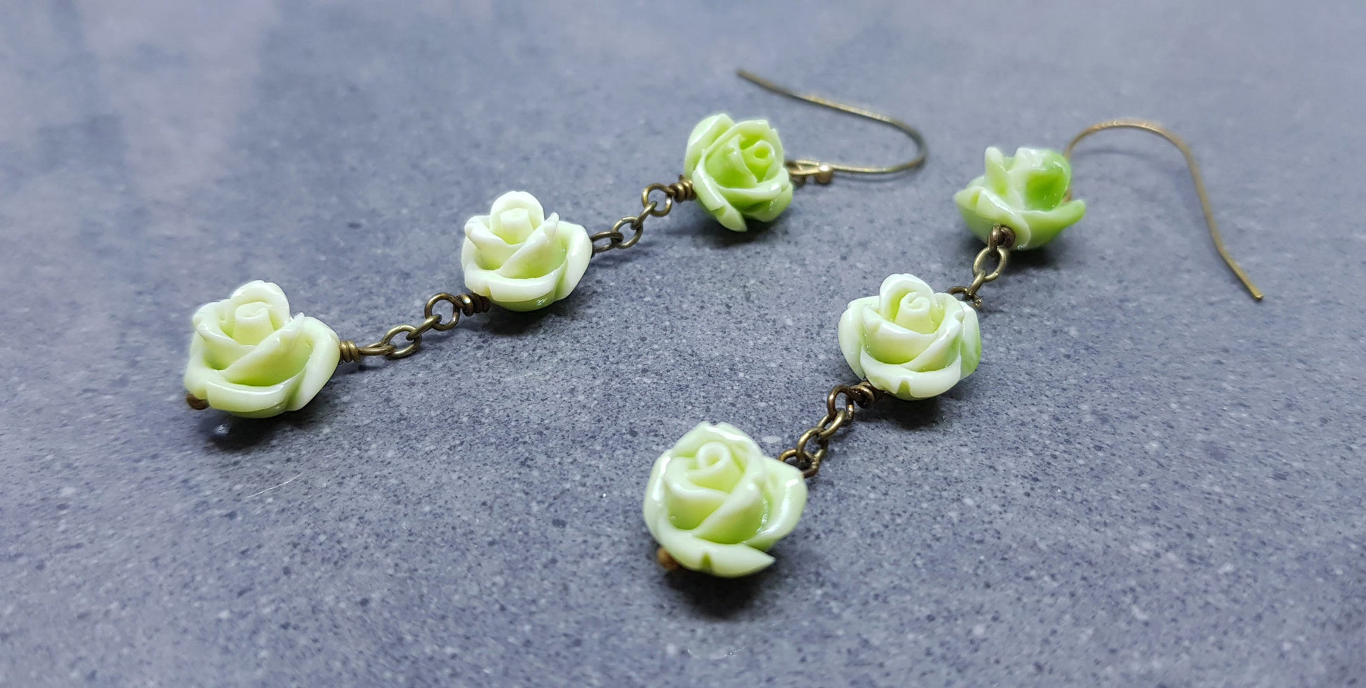 Rose Dangle Earrings, Hypoallergenic Ear Wires, Green Earrings, Rose Earrings, Vintage Style Earrings