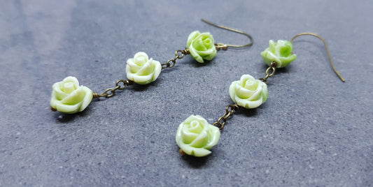 Rose Dangle Earrings, Hypoallergenic Ear Wires, Green Earrings, Rose Earrings, Vintage Style Earrings
