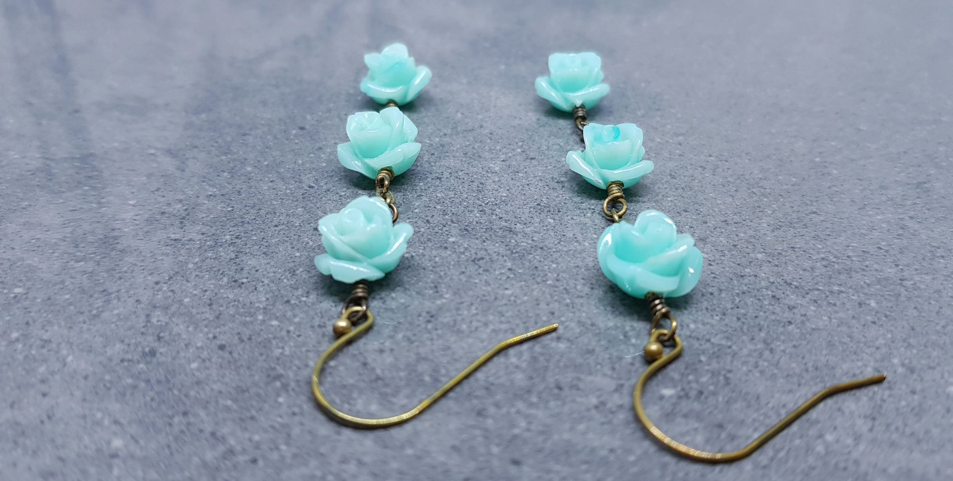 Rose Dangle Earrings, Hypoallergenic Ear Wires, Teal Green Earrings, Rose Earrings, Vintage Style Earrings