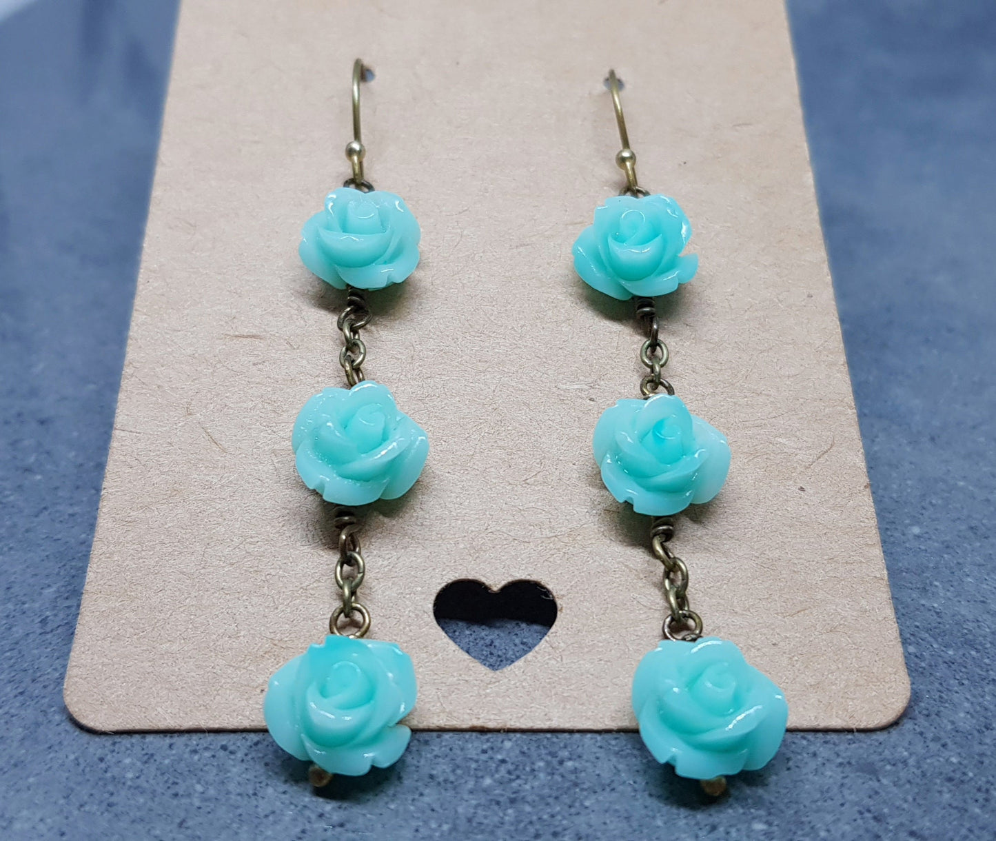 Rose Dangle Earrings, Hypoallergenic Ear Wires, Teal Green Earrings, Rose Earrings, Vintage Style Earrings