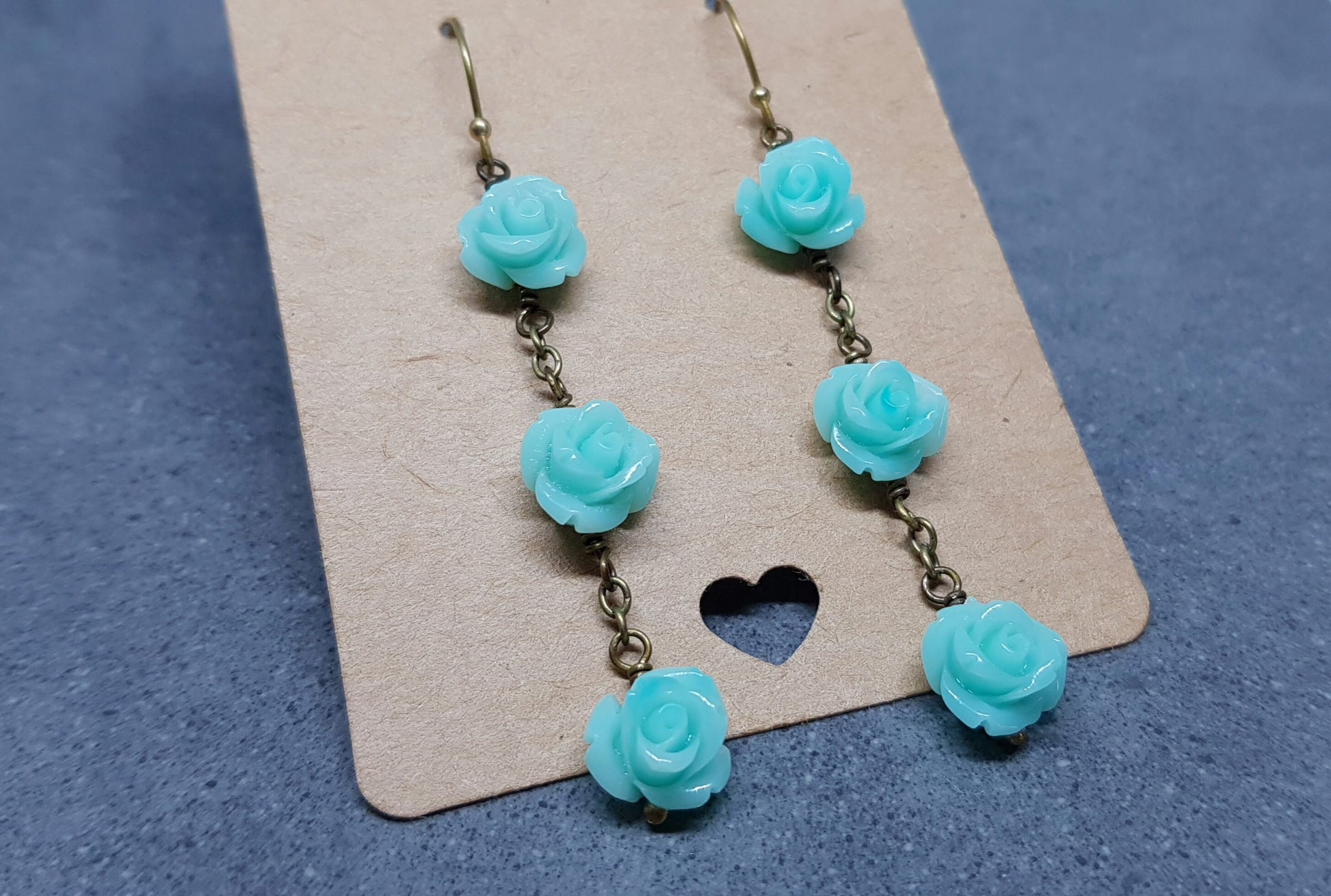 Rose Dangle Earrings, Hypoallergenic Ear Wires, Teal Green Earrings, Rose Earrings, Vintage Style Earrings