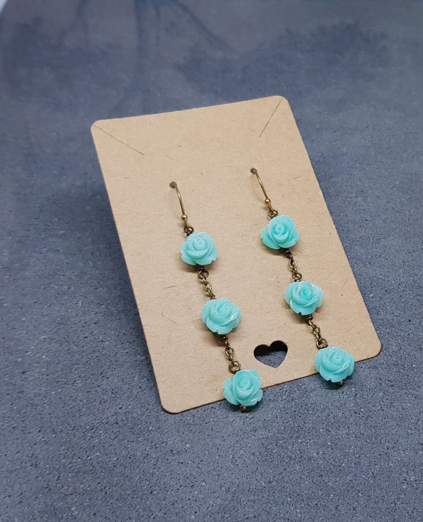 Rose Dangle Earrings, Hypoallergenic Ear Wires, Teal Green Earrings, Rose Earrings, Vintage Style Earrings