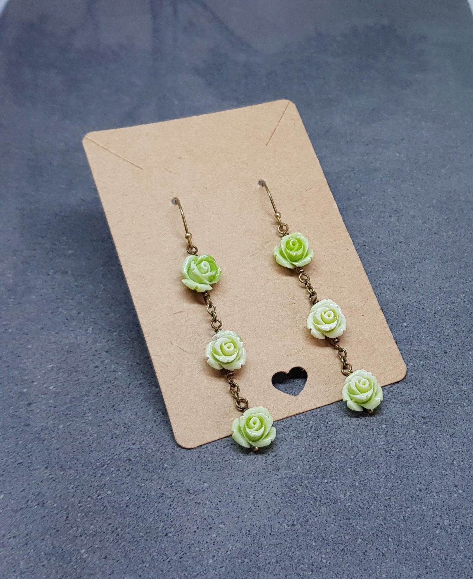 Rose Dangle Earrings, Hypoallergenic Ear Wires, Green Earrings, Rose Earrings, Vintage Style Earrings