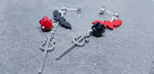 Bat Earrings, Surgical Steel Studs, Autumn Fall Earrings, Halloween Earrings, Halloween Party, Hallows Eve, Red and Black Rose