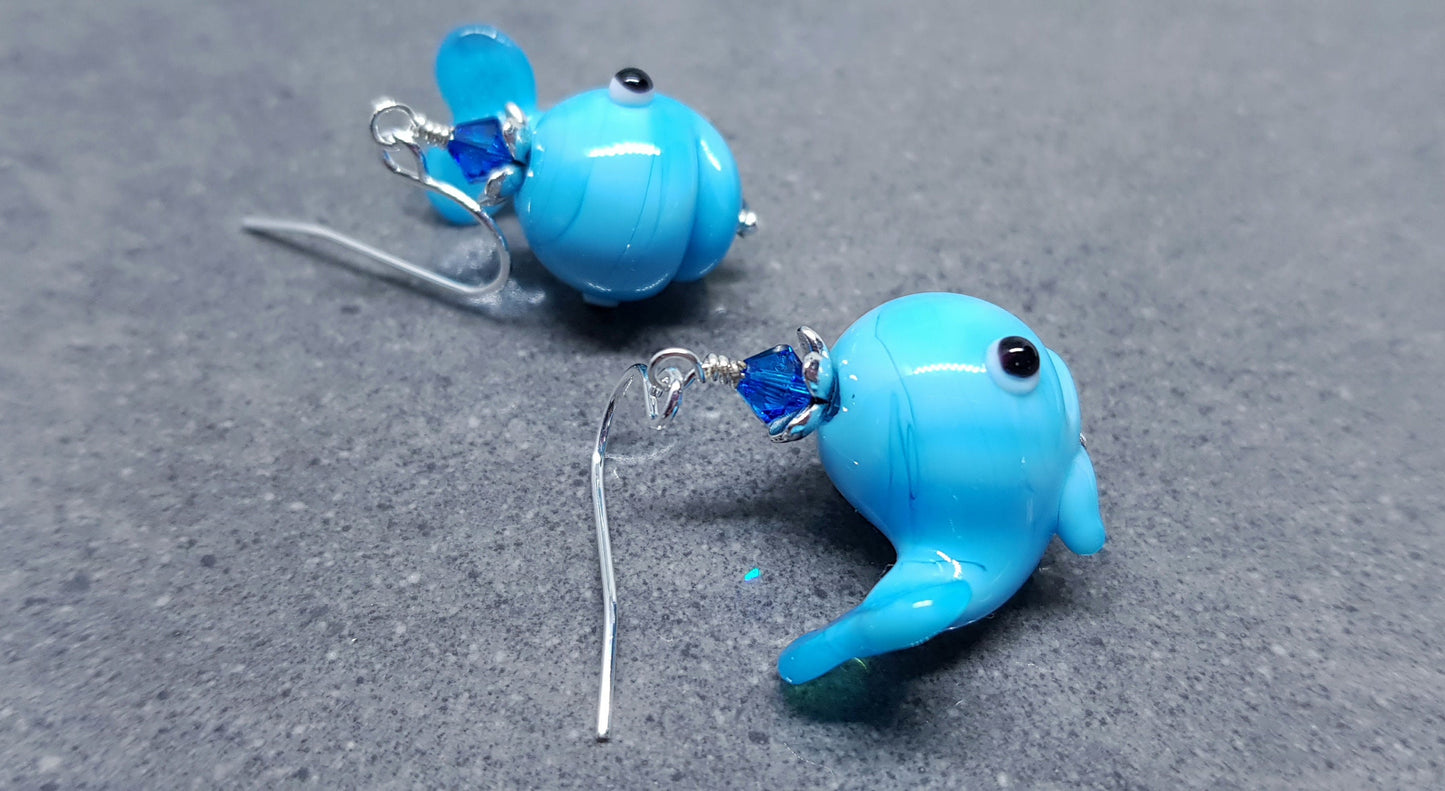 Glass Whale Earrings, Glass Earrings, Turquoise Whale, PRIMERO Crystals® Jewelry, Hypoallergenic Ear Wires