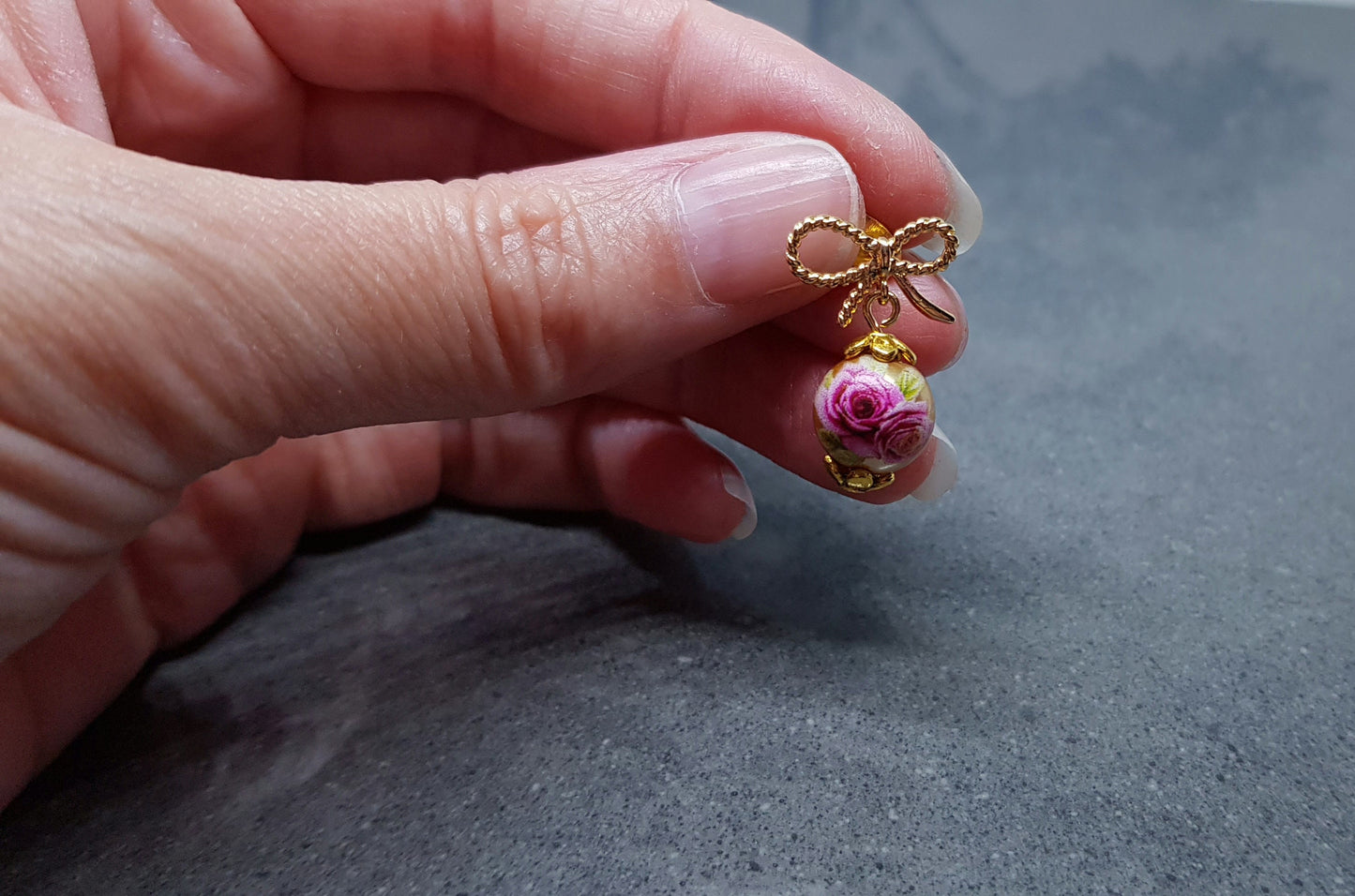 Glass Gold Rose Earrings, Glass Pearl Earrings, Brass bow studs, Pink Rose Jewellery, Vintage Style Earrings