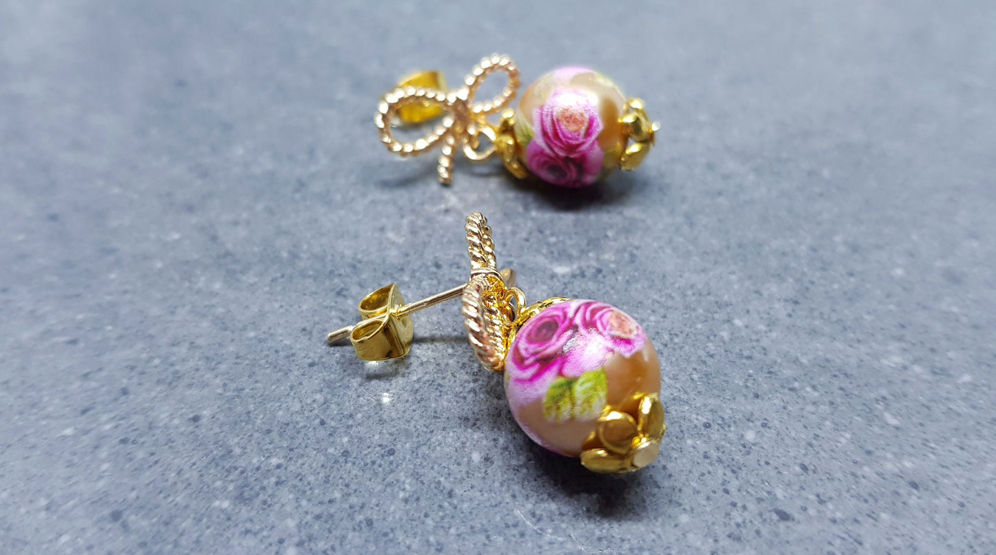 Glass Gold Rose Earrings, Glass Pearl Earrings, Brass bow studs, Pink Rose Jewellery, Vintage Style Earrings