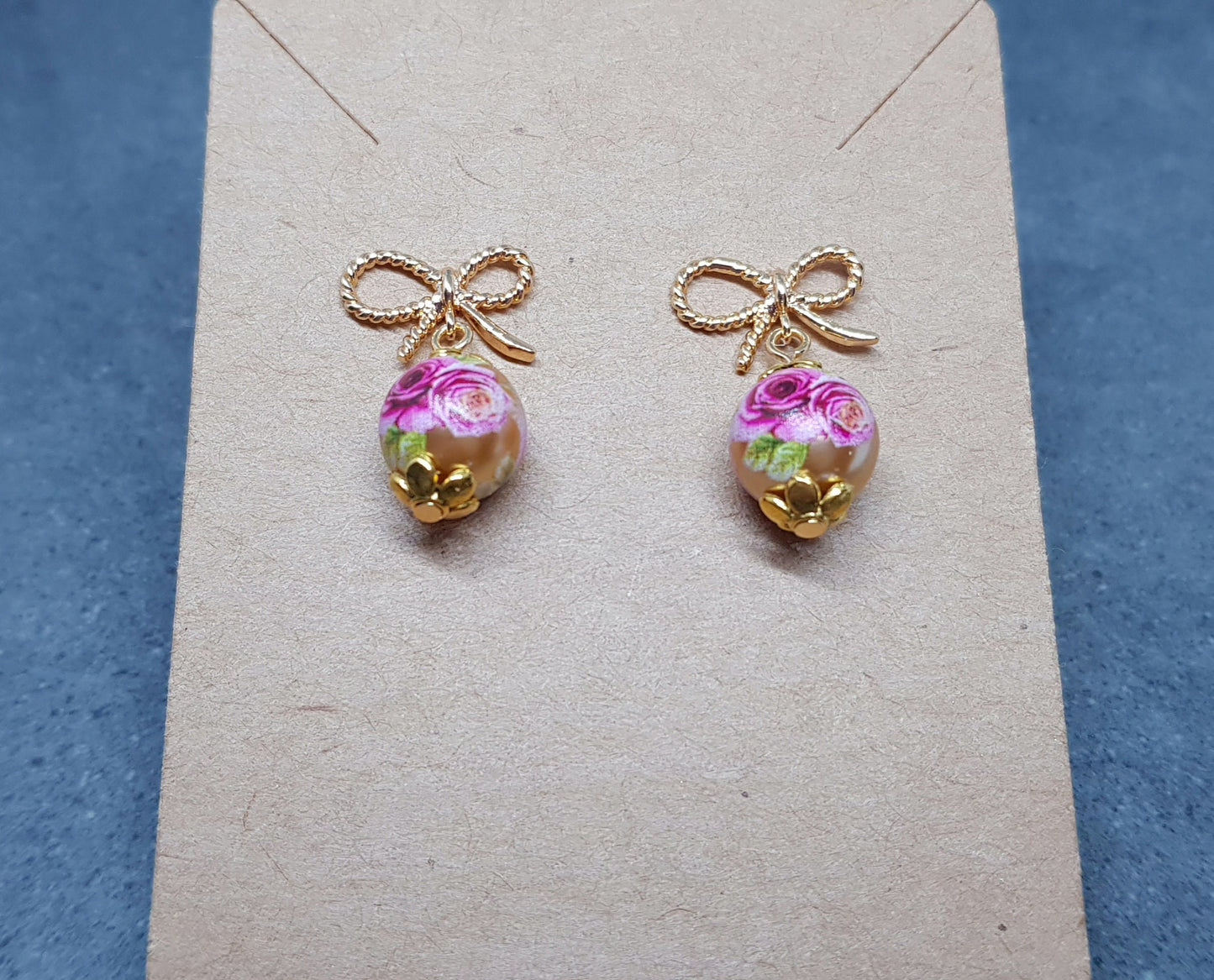 Glass Gold Rose Earrings, Glass Pearl Earrings, Brass bow studs, Pink Rose Jewellery, Vintage Style Earrings