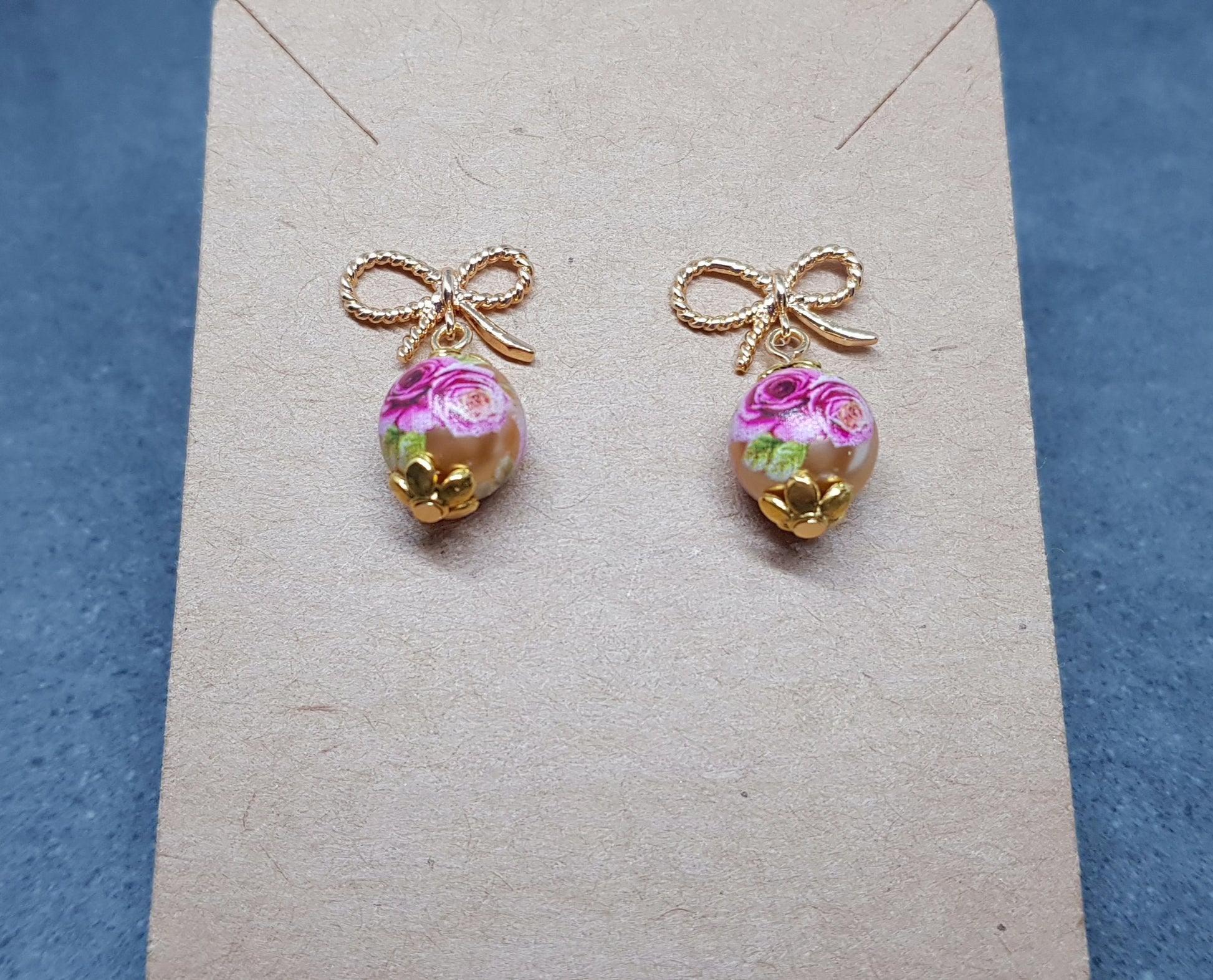 Glass Gold Rose Earrings, Glass Pearl Earrings, Brass bow studs, Pink Rose Jewellery, Vintage Style Earrings