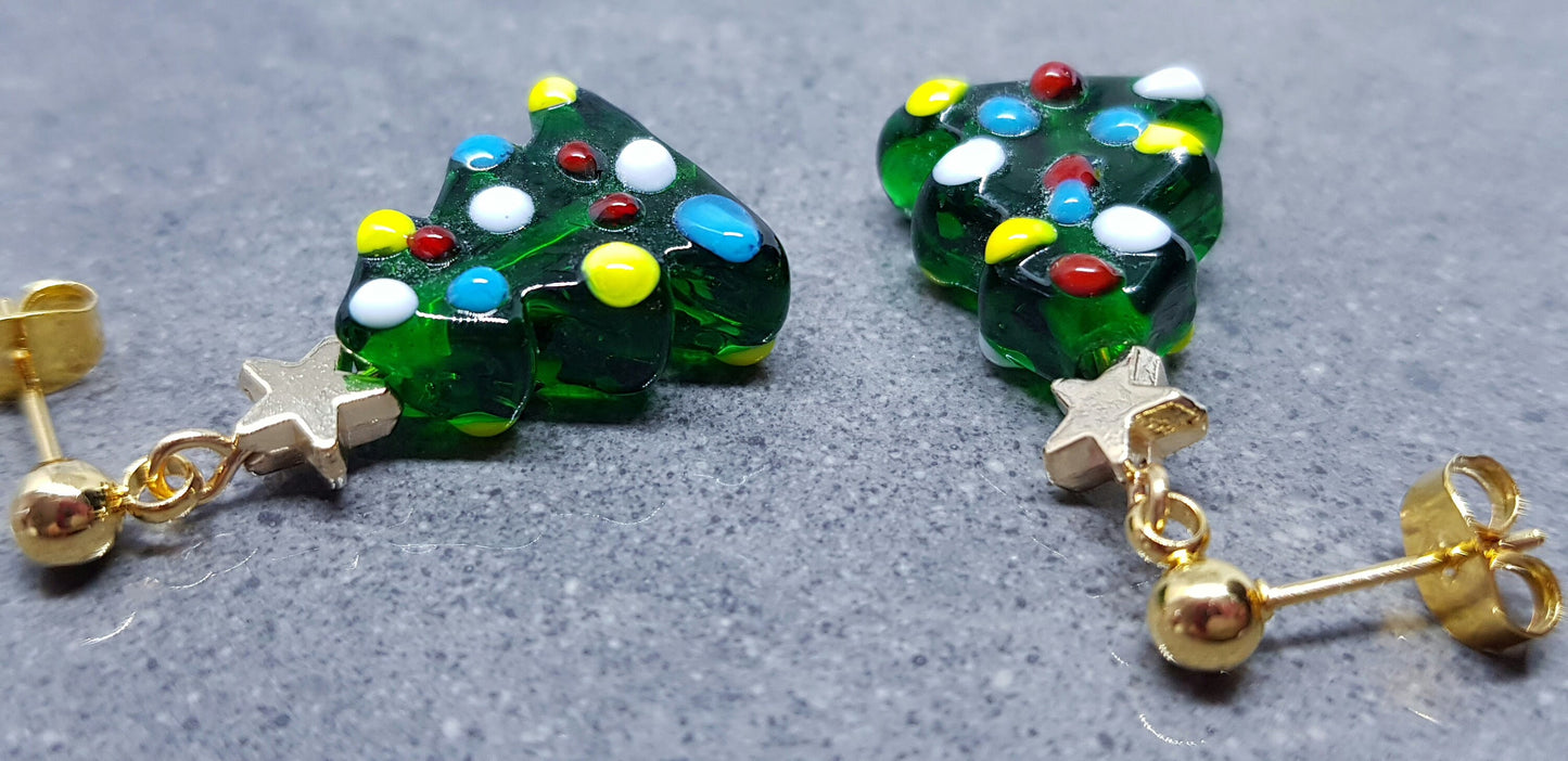 Glass Christmas Tree Earrings, Glass Christmas Tree Jewellery, Surgical Steel Studs, Christmas Earrings, Festive Earrings