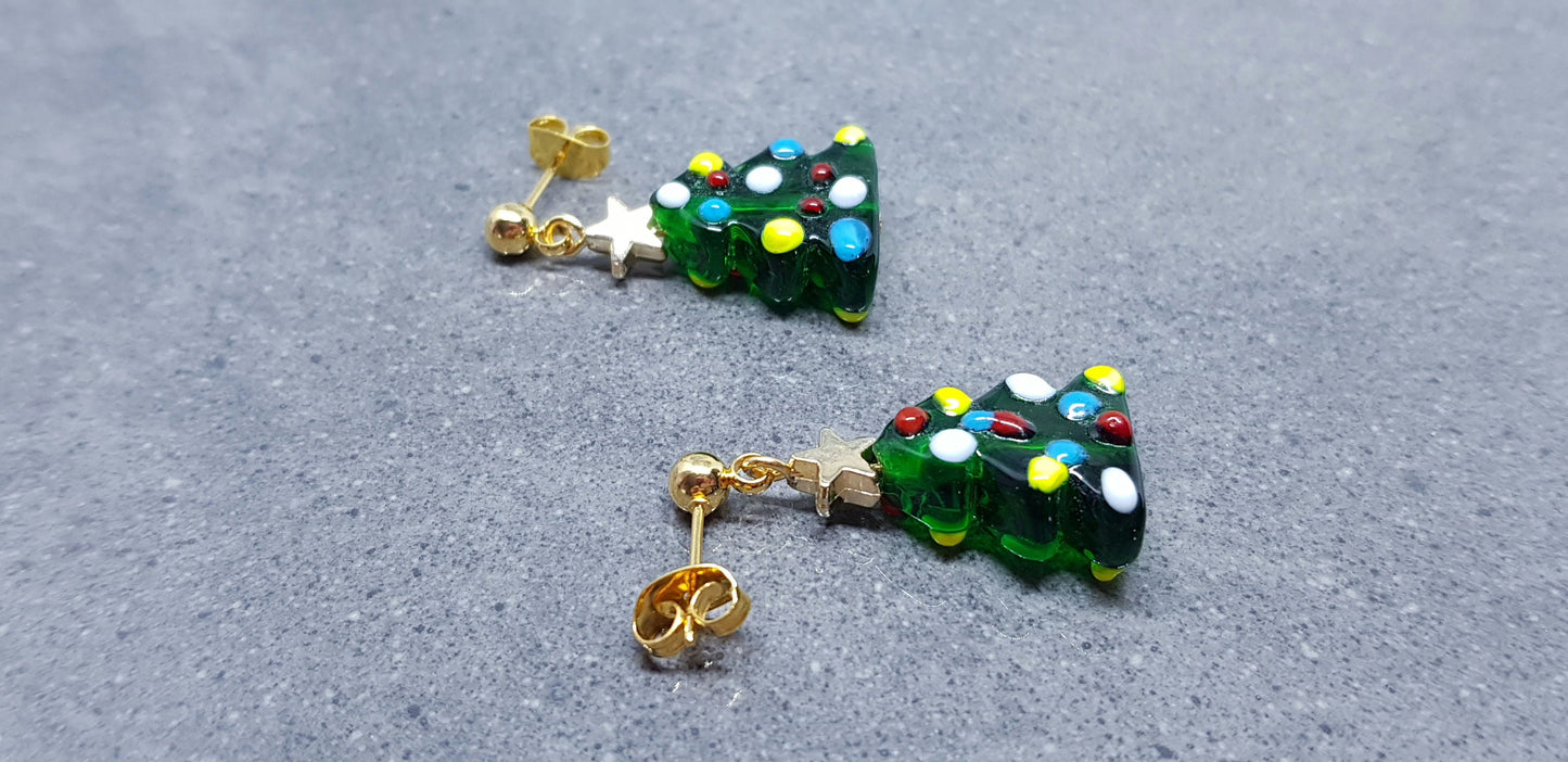 Glass Christmas Tree Earrings, Glass Christmas Tree Jewellery, Surgical Steel Studs, Christmas Earrings, Festive Earrings