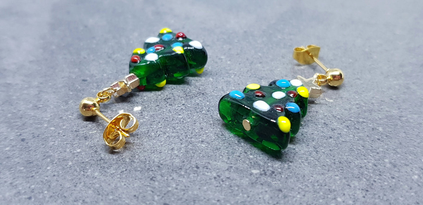 Glass Christmas Tree Earrings, Glass Christmas Tree Jewellery, Surgical Steel Studs, Christmas Earrings, Festive Earrings