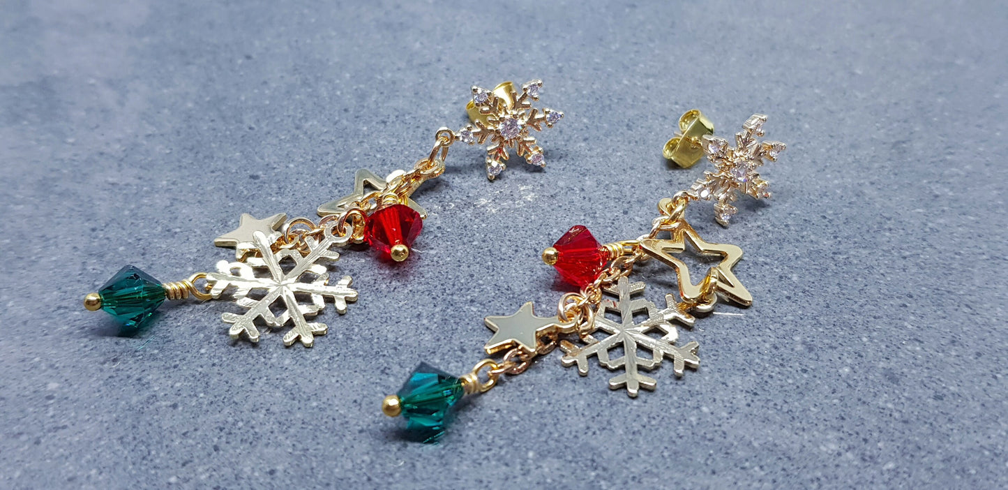 Snowflake Earrings, Star Earrings, PRIMERO Crystals® Earrings, Christmas Earrings, Cubic Zirconia Studs, Nickle Free, Festive Earrings