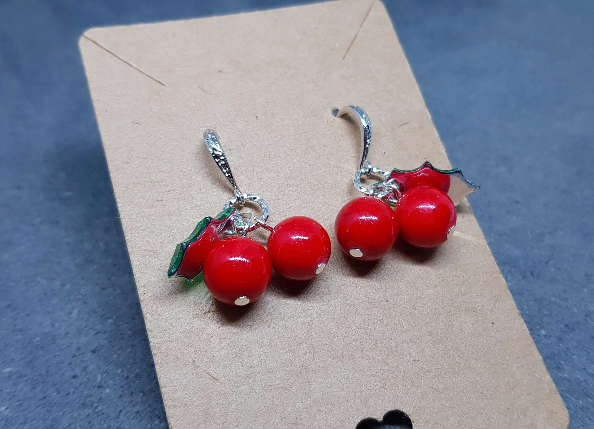 Glass Holly Earrings, Berry Earrings, Hypoallergenic Ear Wires, Glass Jewelry, Autumn Earrings, Christmas Jewelry