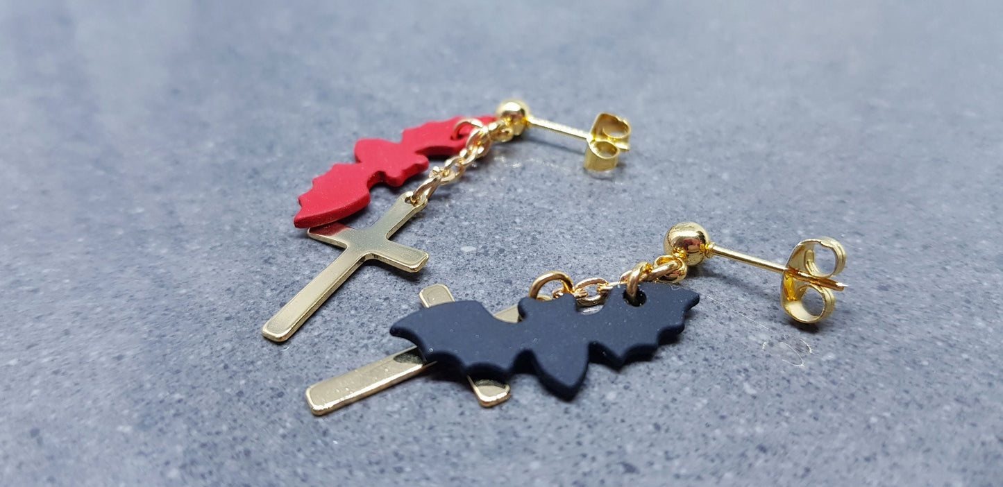 Gold Cross Earrings, Bat Earrings, Surgical Steel Studs, Stainless Steel, Cross Earrings, Cross Jewelry, Gothic Jewelry, Halloween Jewelry