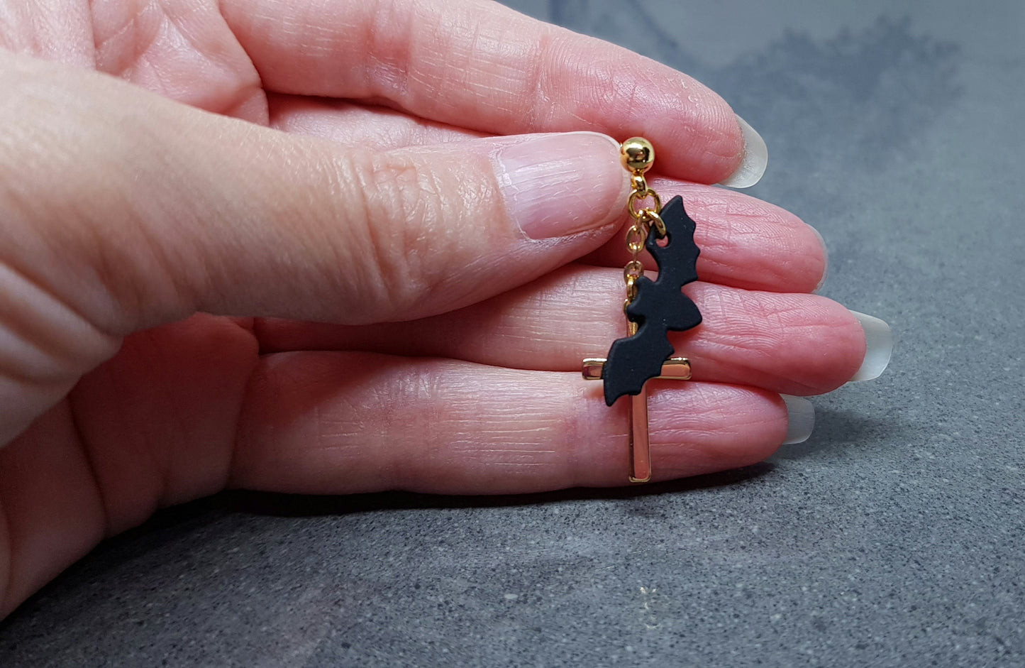 Gold Cross Earrings, Bat Earrings, Surgical Steel Studs, Stainless Steel, Cross Earrings, Cross Jewelry, Gothic Jewelry, Halloween Jewelry