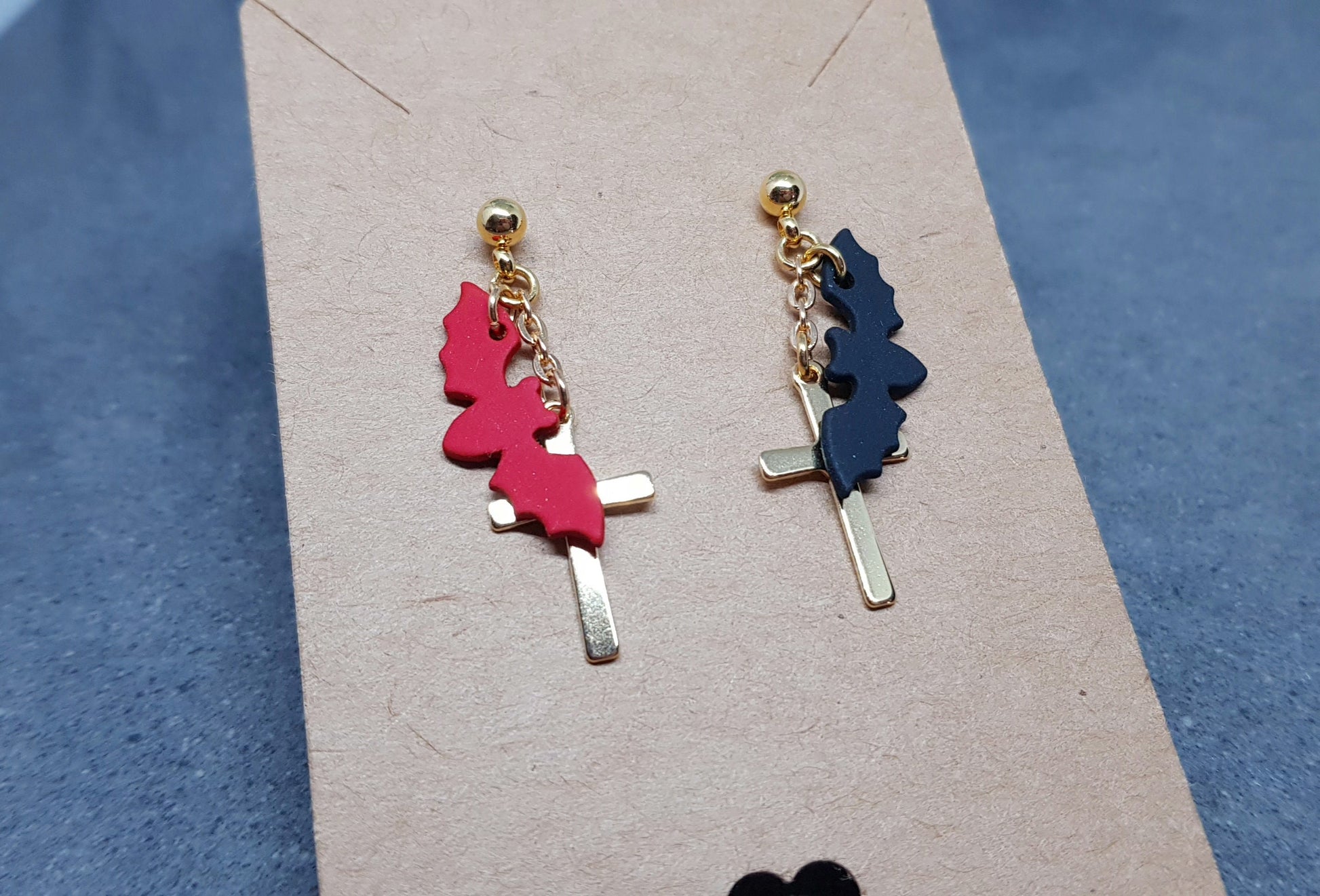 Gold Cross Earrings, Bat Earrings, Surgical Steel Studs, Stainless Steel, Cross Earrings, Cross Jewelry, Gothic Jewelry, Halloween Jewelry