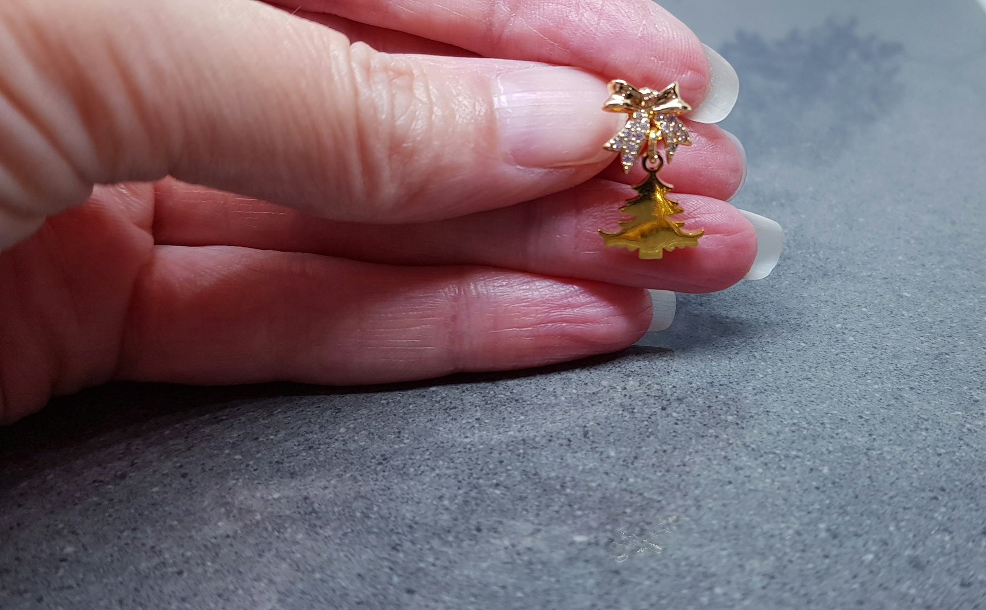 Christmas Tree Earrings, Brass Bow Micro Pave Studs, Christmas Earrings, Festive Earrings, Gold Christmas Tree