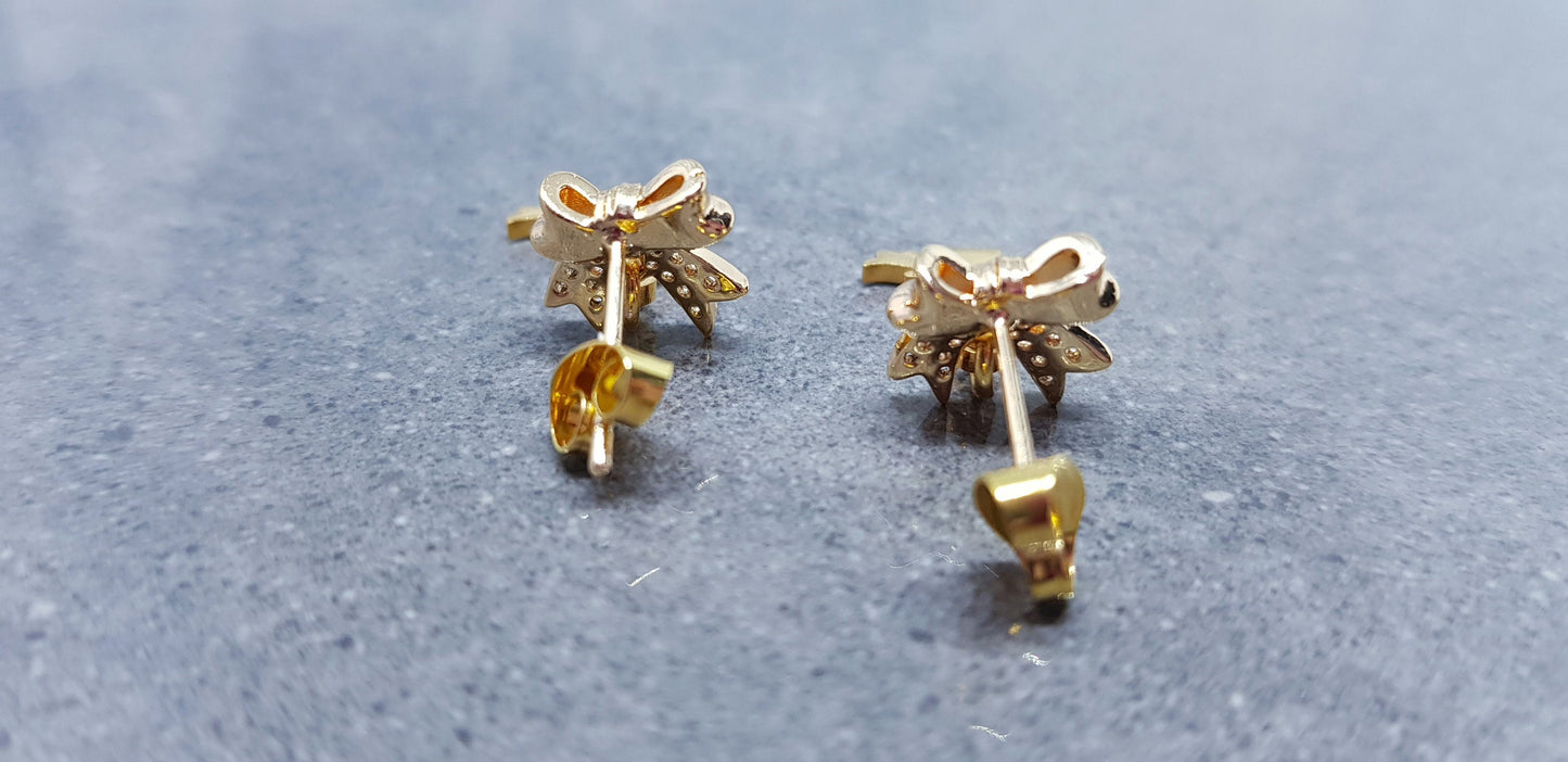 Christmas Tree Earrings, Brass Bow Micro Pave Studs, Christmas Earrings, Festive Earrings, Gold Christmas Tree