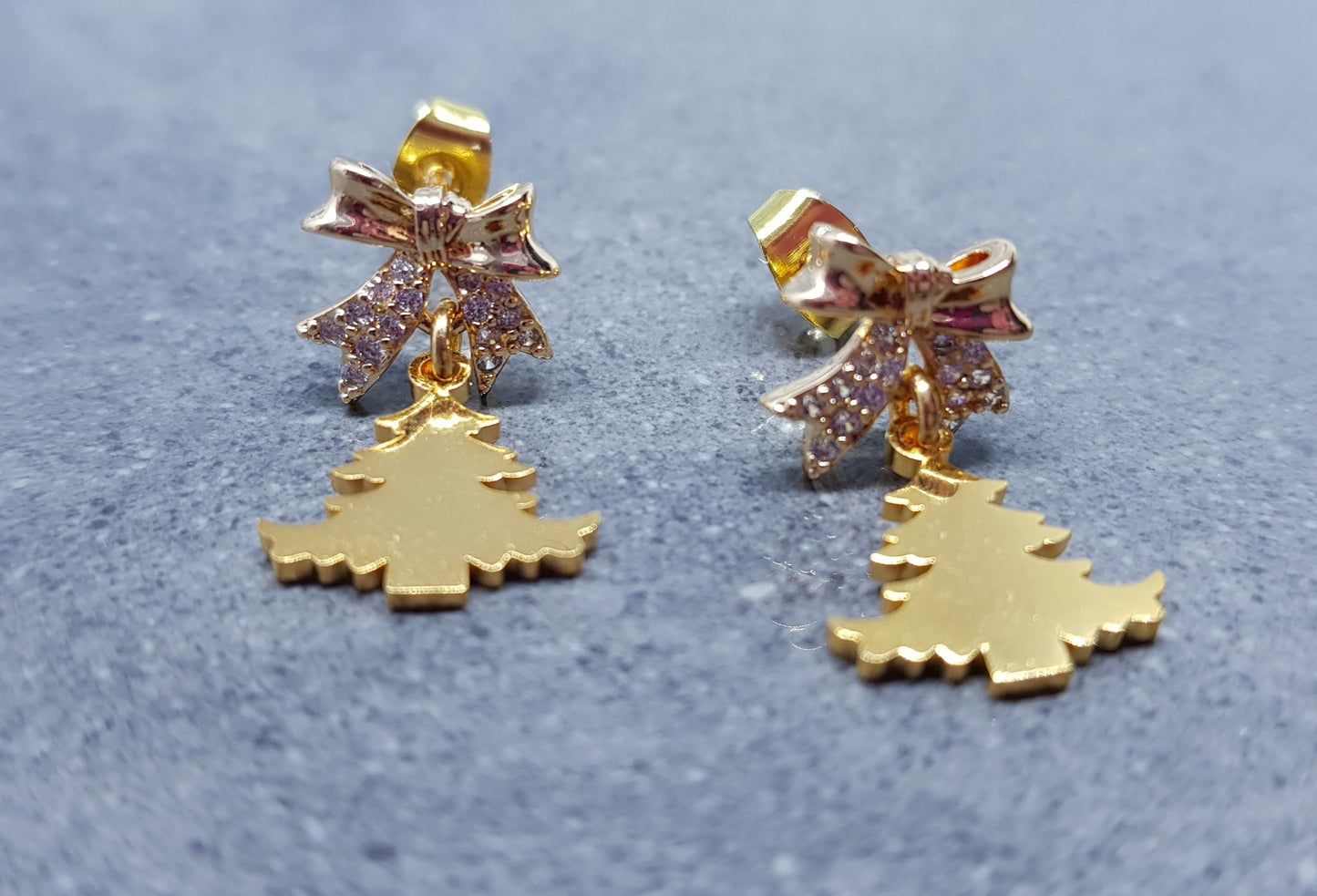 Christmas Tree Earrings, Brass Bow Micro Pave Studs, Christmas Earrings, Festive Earrings, Gold Christmas Tree