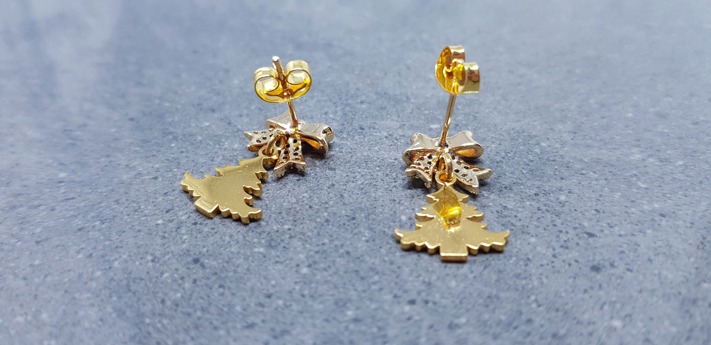Christmas Tree Earrings, Brass Bow Micro Pave Studs, Christmas Earrings, Festive Earrings, Gold Christmas Tree