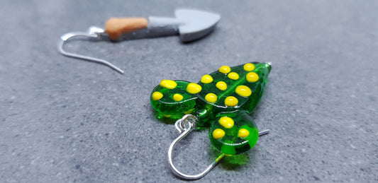 Glass Cactus Earrings, Trowel Earrings, Glass Jewelry, Hypoallergenic, Gardeners Earrings, Succulent Earrings, Gift Ideas, Green Earrings