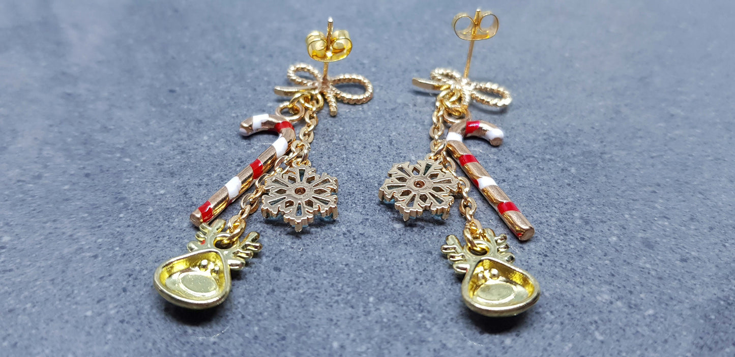 Snowflake Earrings, Rudolf Earrings, Cubic Zirconia Earrings, Christmas Earrings, Brass bow studs, Candy Cane Earrings, Festive Earrings