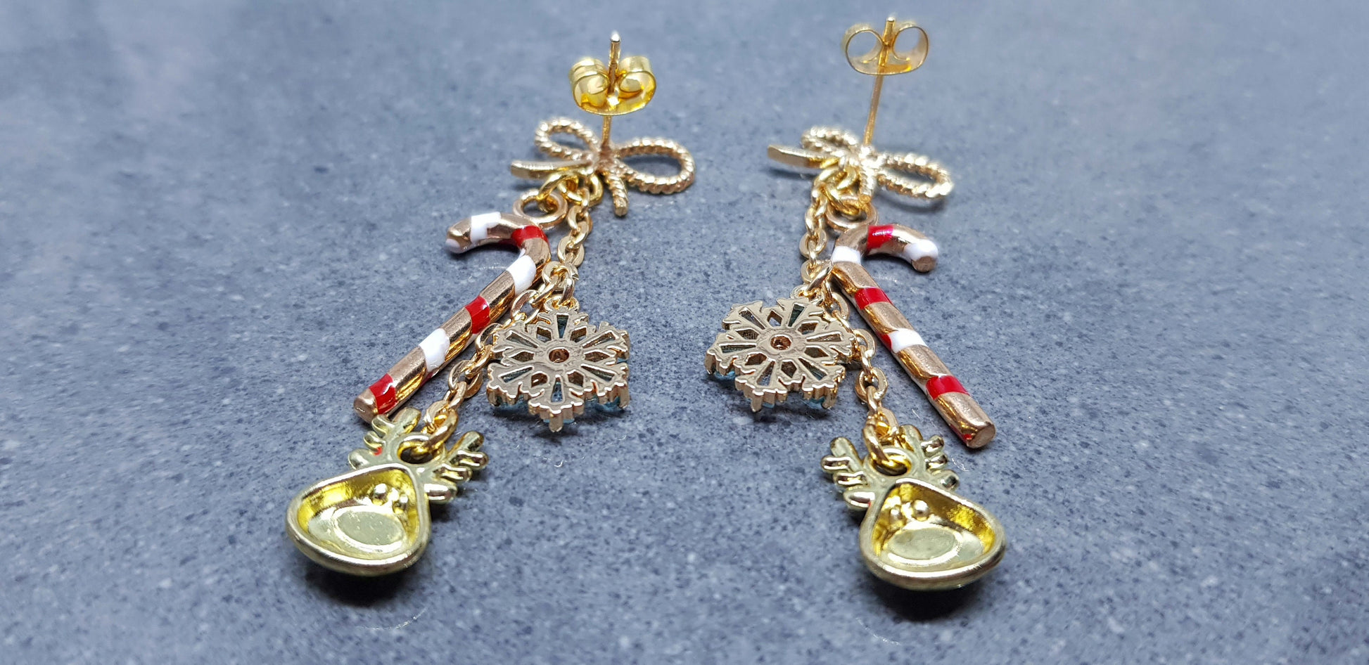 Snowflake Earrings, Rudolf Earrings, Cubic Zirconia Earrings, Christmas Earrings, Brass bow studs, Candy Cane Earrings, Festive Earrings