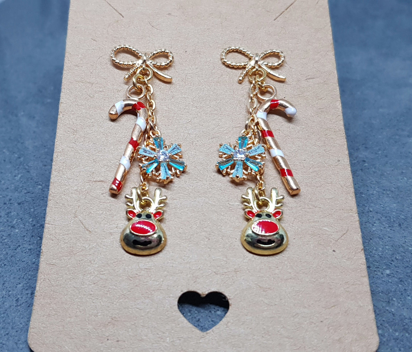 Snowflake Earrings, Rudolf Earrings, Cubic Zirconia Earrings, Christmas Earrings, Brass bow studs, Candy Cane Earrings, Festive Earrings