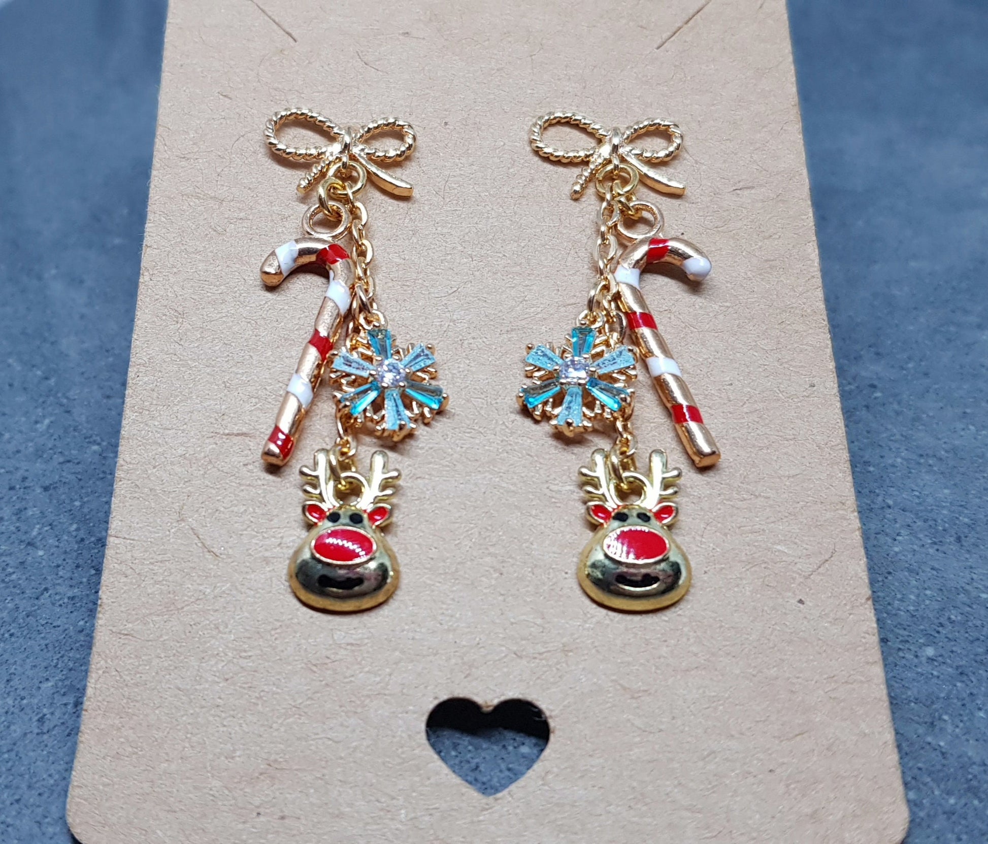 Snowflake Earrings, Rudolf Earrings, Cubic Zirconia Earrings, Christmas Earrings, Brass bow studs, Candy Cane Earrings, Festive Earrings