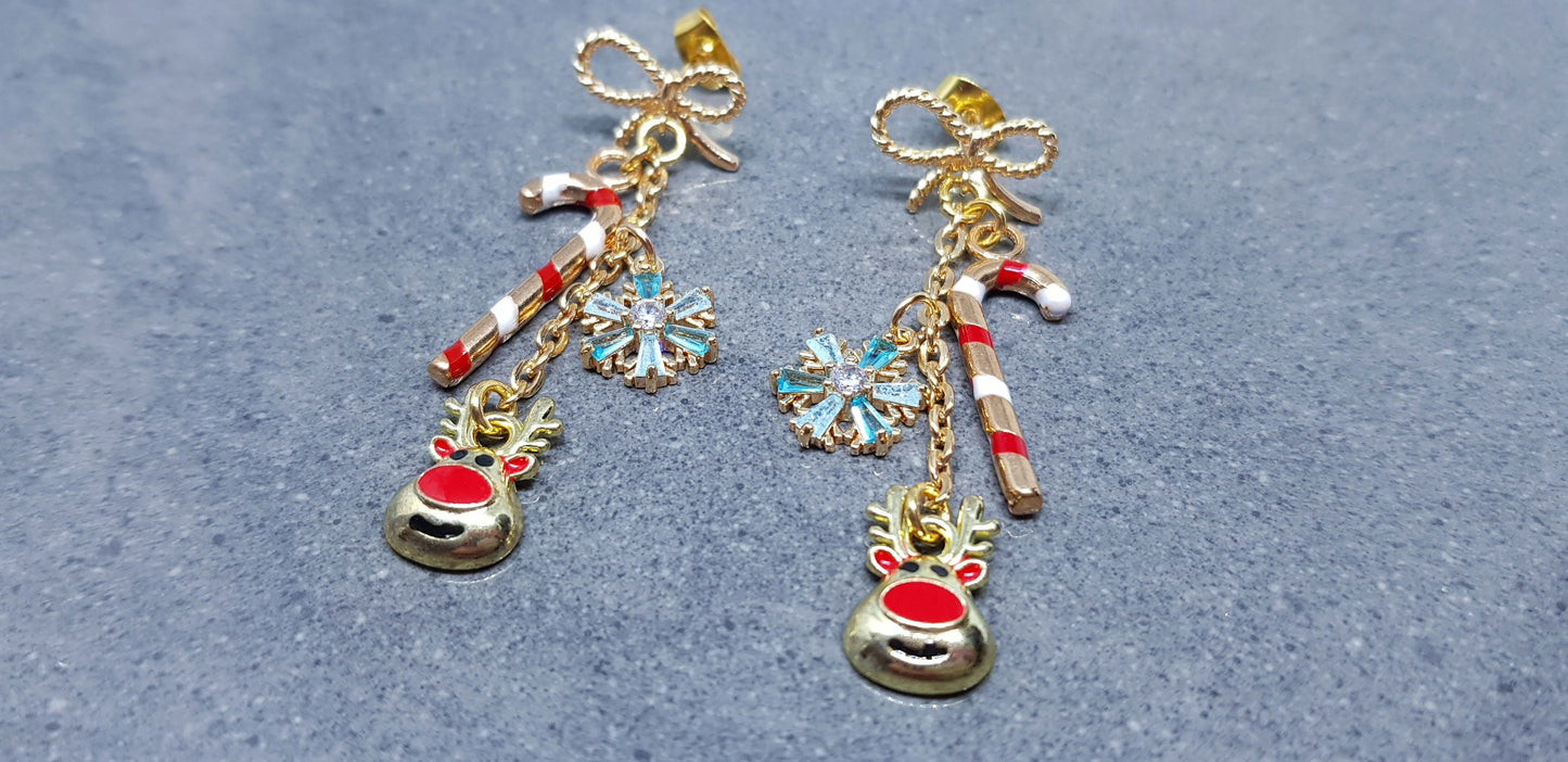 Snowflake Earrings, Rudolf Earrings, Cubic Zirconia Earrings, Christmas Earrings, Brass bow studs, Candy Cane Earrings, Festive Earrings