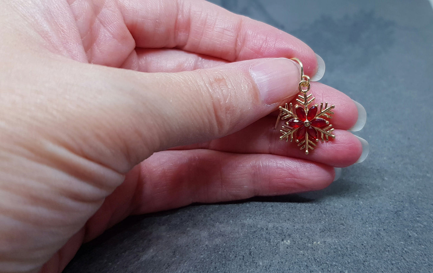Snowflake Earrings, Hypoallergenic Ear Wires, Gold Snowflake Earrings, Christmas Earrings, Brass Earrings, Festive Earrings