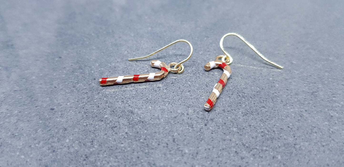 Candy Cane Earrings, Hypoallergenic Ear Wires, Gold Enamelled Earrings, Christmas Earrings, Party Earrings, Festive Earrings