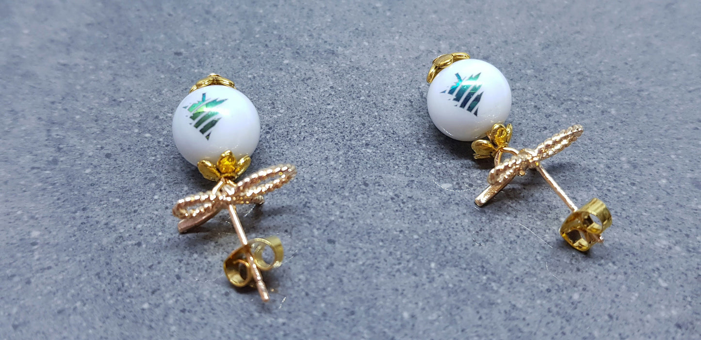 Glass Christmas Tree Earrings, Glass Pearl Earrings, Brass bow studs, White Bead Jewellery, Vintage Style Earrings