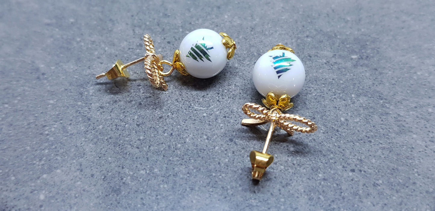 Glass Christmas Tree Earrings, Glass Pearl Earrings, Brass bow studs, White Bead Jewellery, Vintage Style Earrings