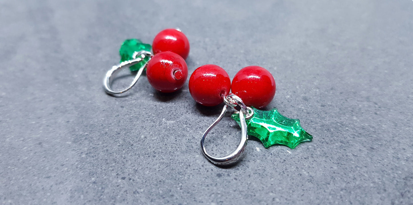 Glass Holly Earrings, Berry Earrings, Hypoallergenic Ear Wires, Glass Jewelry, Autumn Earrings, Christmas Jewelry