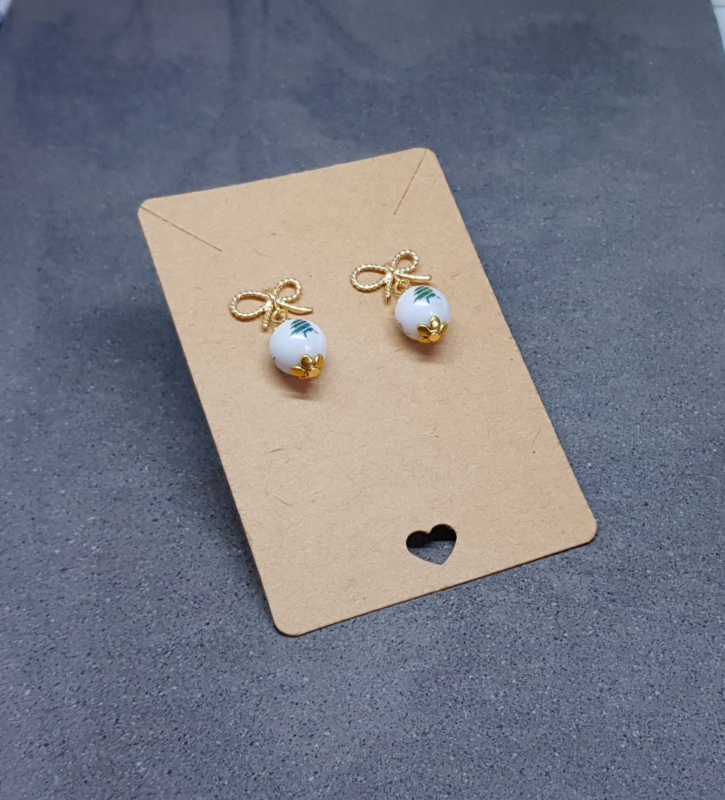 Glass Christmas Tree Earrings, Glass Pearl Earrings, Brass bow studs, White Bead Jewellery, Vintage Style Earrings