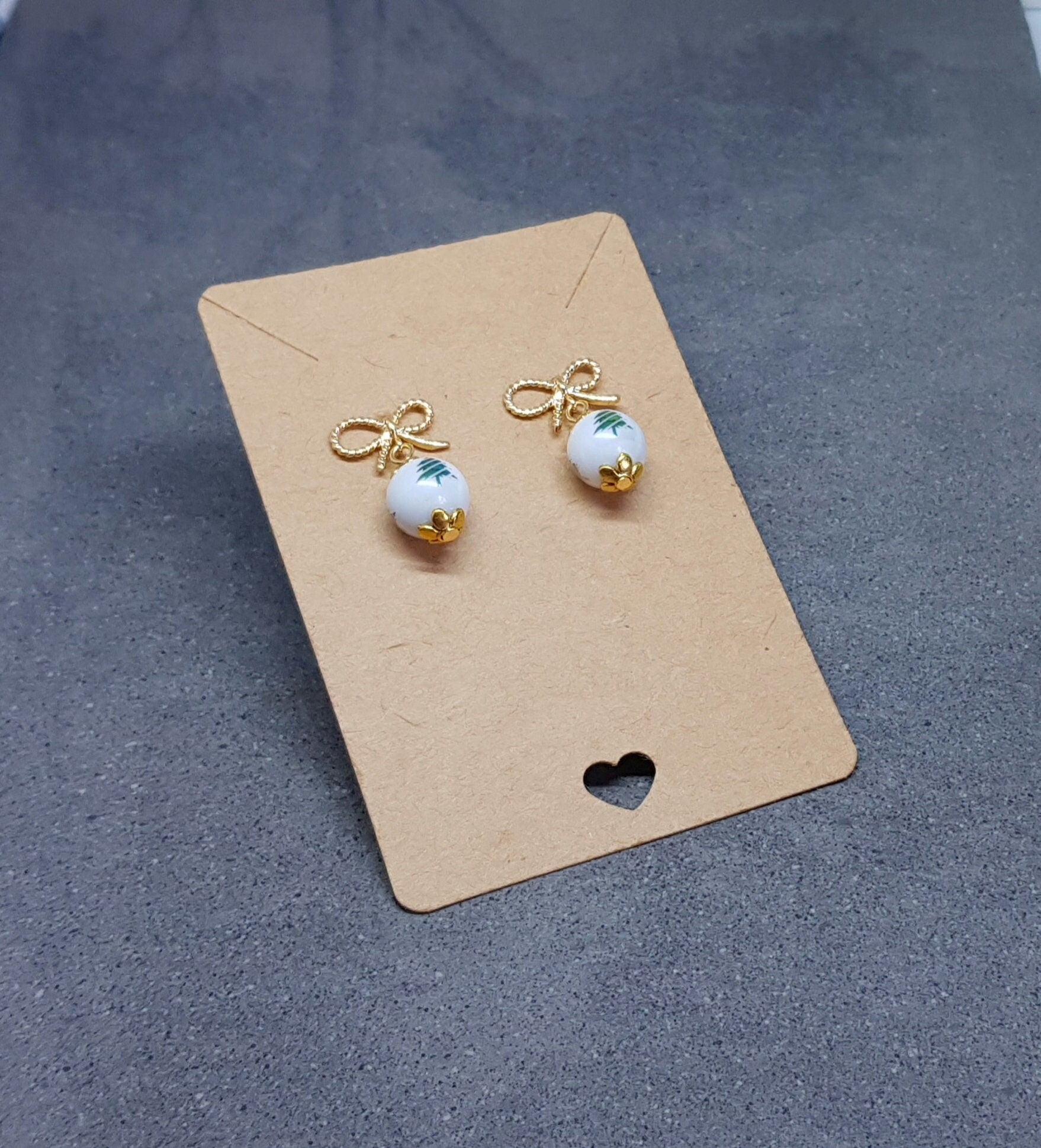 Glass Christmas Tree Earrings, Glass Pearl Earrings, Brass bow studs, White Bead Jewellery, Vintage Style Earrings
