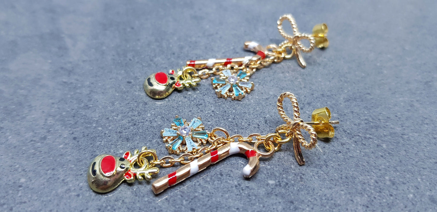 Snowflake Earrings, Rudolf Earrings, Cubic Zirconia Earrings, Christmas Earrings, Brass bow studs, Candy Cane Earrings, Festive Earrings