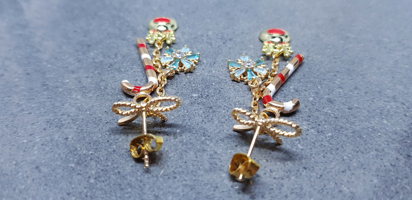 Snowflake Earrings, Rudolf Earrings, Cubic Zirconia Earrings, Christmas Earrings, Brass bow studs, Candy Cane Earrings, Festive Earrings