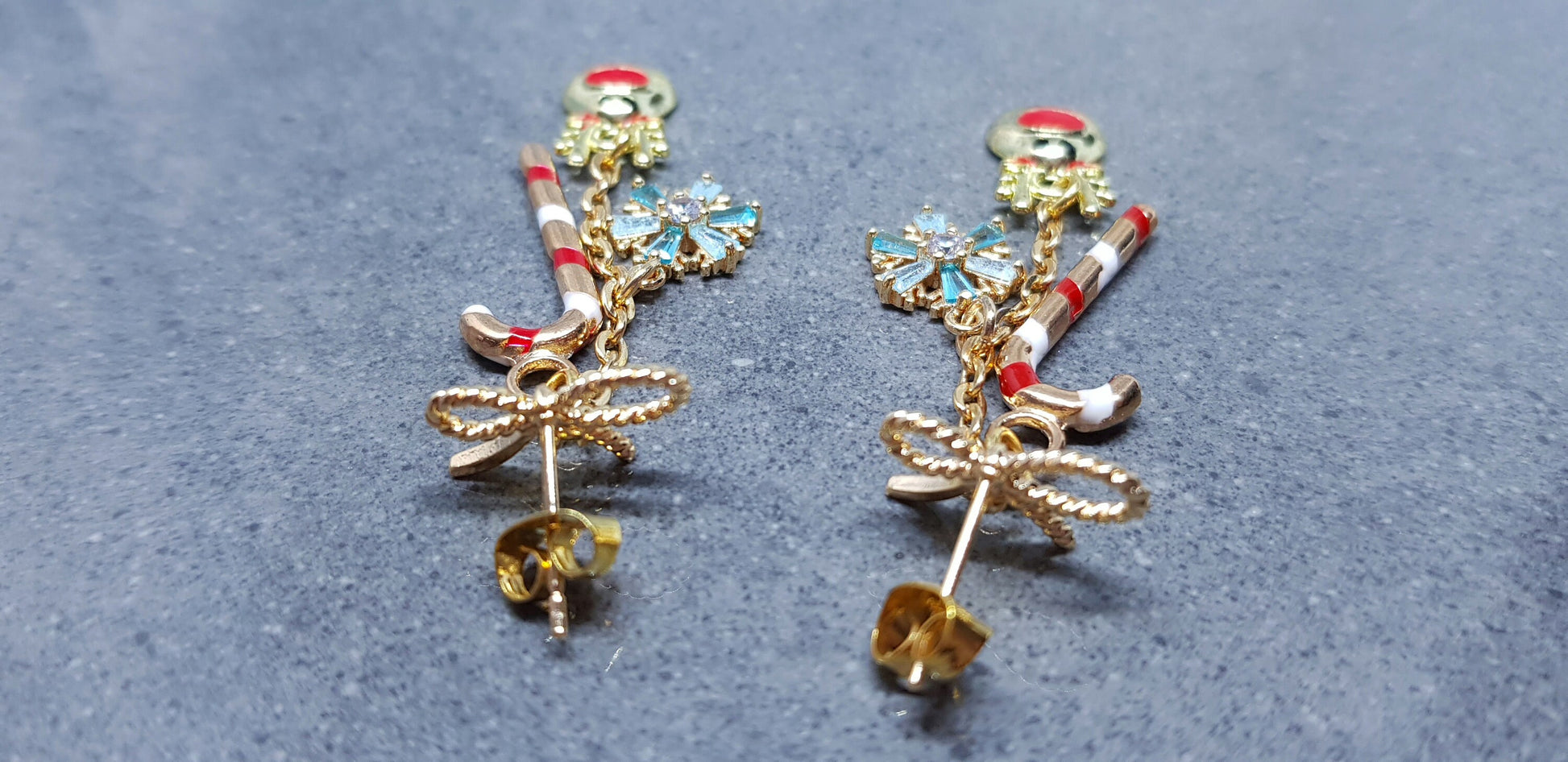 Snowflake Earrings, Rudolf Earrings, Cubic Zirconia Earrings, Christmas Earrings, Brass bow studs, Candy Cane Earrings, Festive Earrings