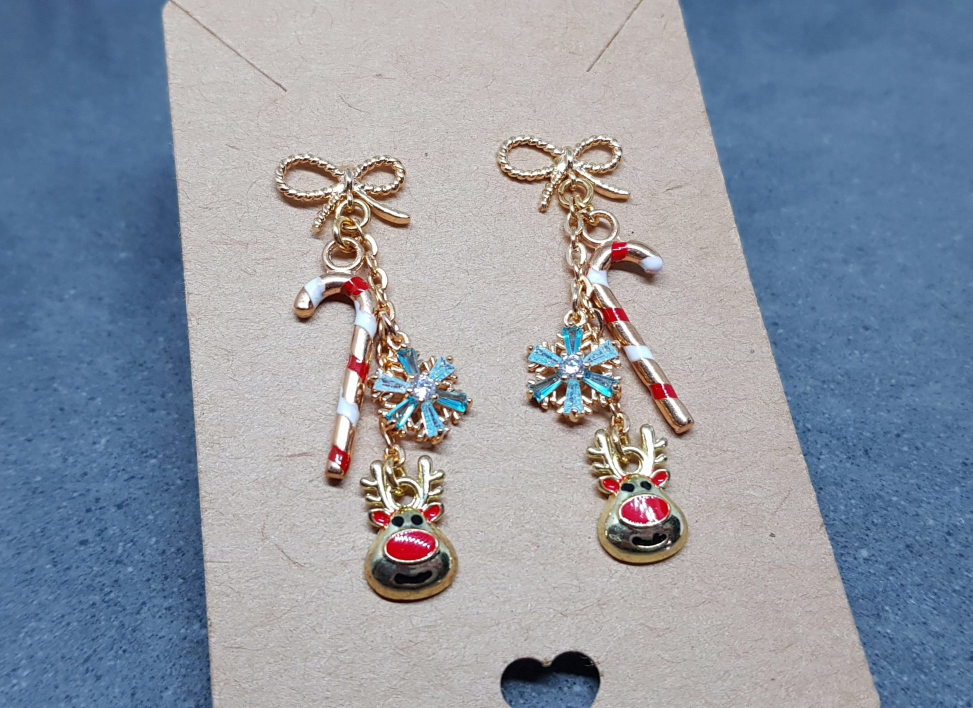 Snowflake Earrings, Rudolf Earrings, Cubic Zirconia Earrings, Christmas Earrings, Brass bow studs, Candy Cane Earrings, Festive Earrings